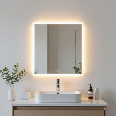 square LED illuminated bathroom mirror, frameless design, glowing edge light